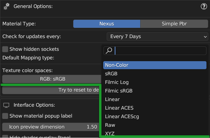 Preferences Texture Color Space